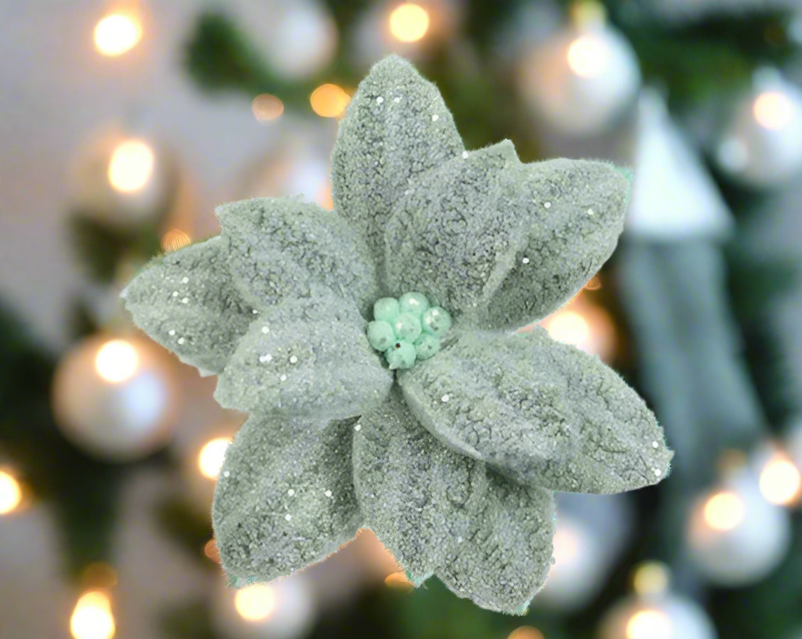Christmas Floristry Pick - Pink/White/Sage Green Faux Fur Poinsettia