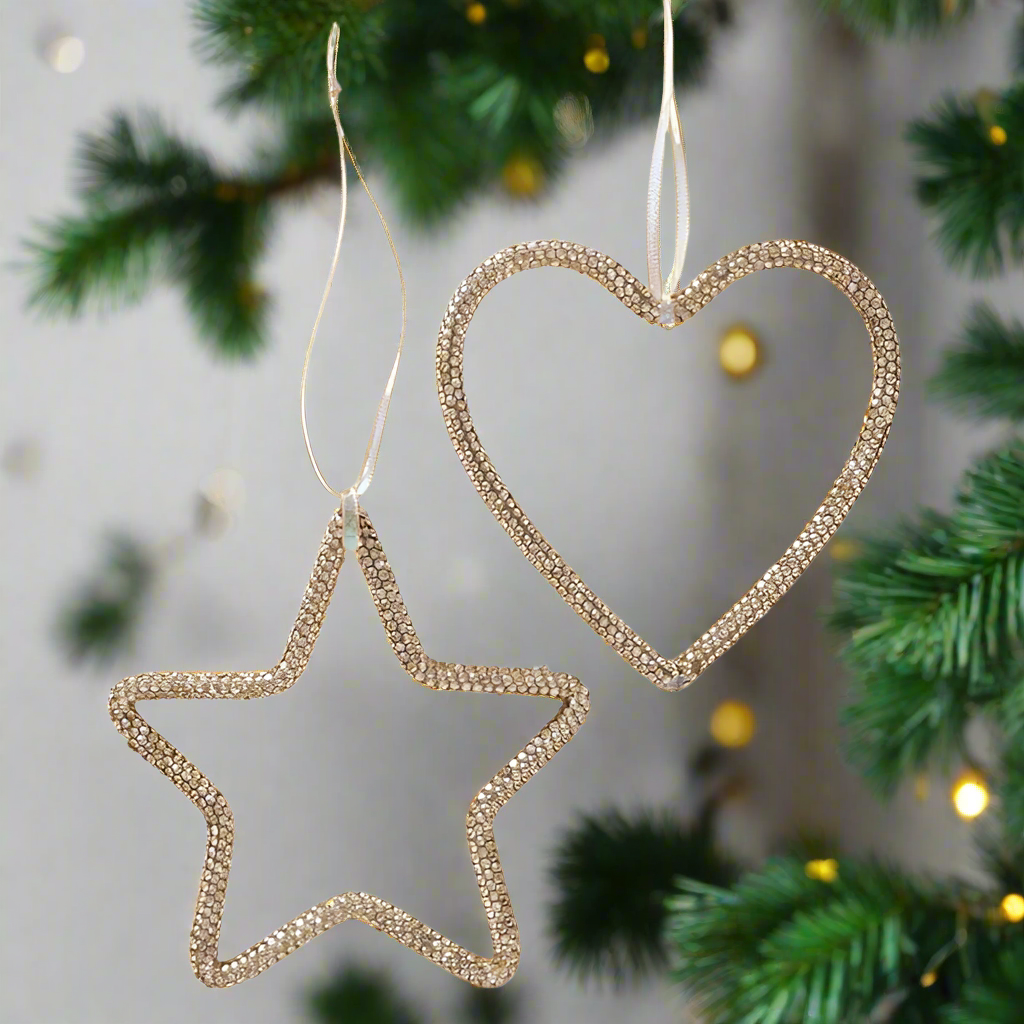 Christmas Tree Hanging Decoration - Gold Sequin Heart/Star