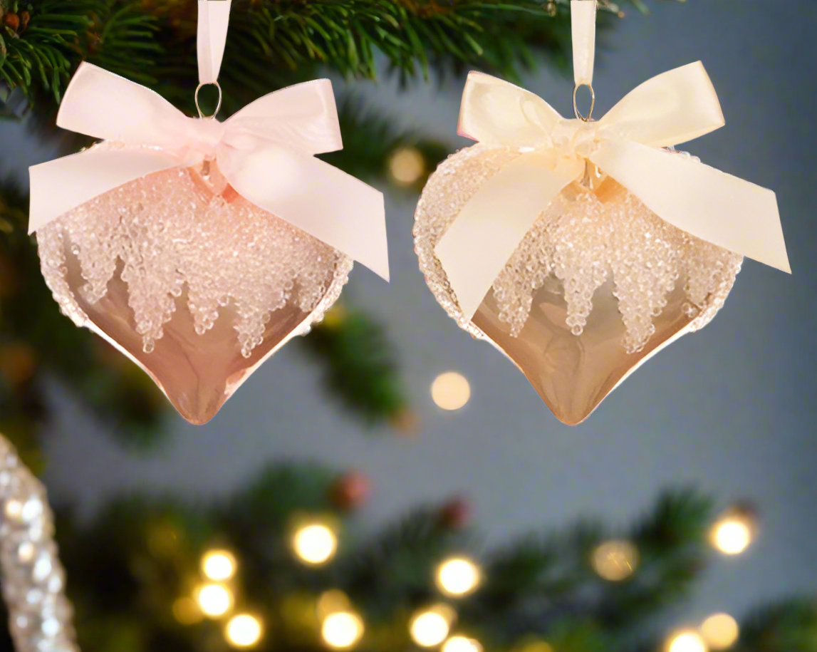 Glass Christmas Tree Hanging Decoration - Pink/Pearl Heart Bauble **CLICK & COLLECT ONLY**