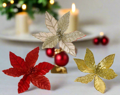 Glitter Velvet Poinsettia on Clip - Red/Gold/Champagne