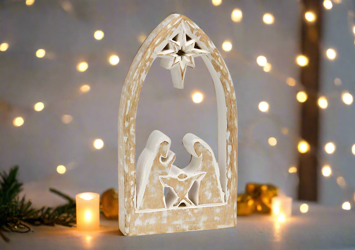 Nativity Scene - White Washed  Mango Wood