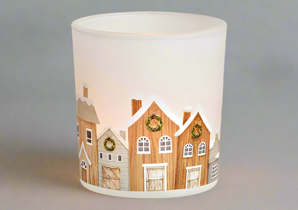 Christmas Glass Tealight Holder - Village Scene