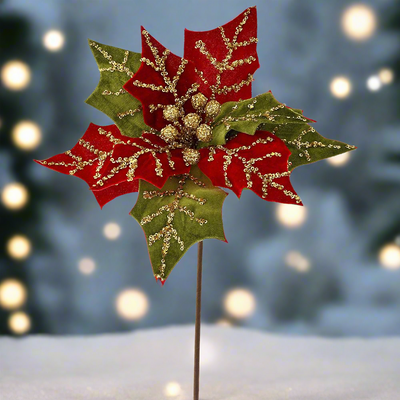 Red & Green Poinsettia Flower on Stem