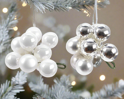 Christmas Baubles on Wire - White/Silver