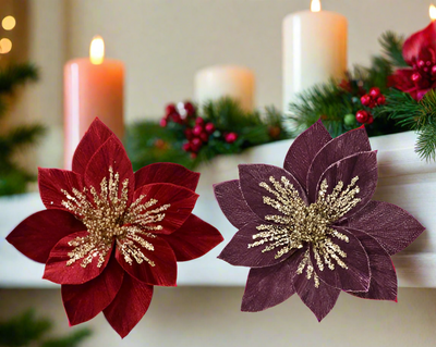 Velvet Sparkle Poinsettia on Clip - Red/Purple