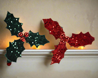 Christmas Floristry Pick - Red/Green Velvet Glitter Holly