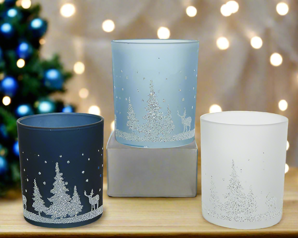 Christmas Glass Tealight Holder - Glitter Scenery Navy/ice Blue/White