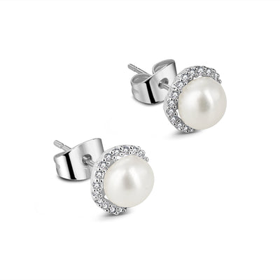 Newbridge Silverware Earrings - Silver Plated Pearl & Clear Stone