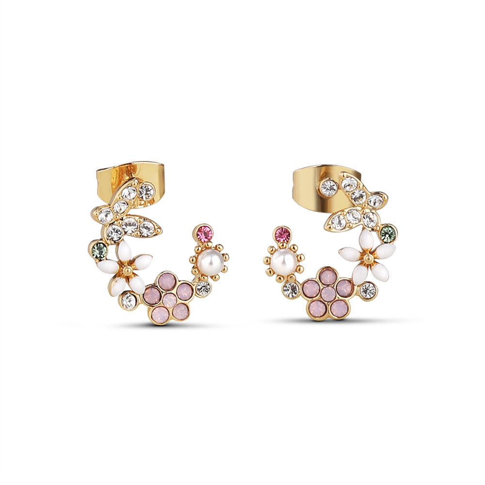 Newbridge Silverware Earrings - Gold Plated Pink & Green Floral Butterfly