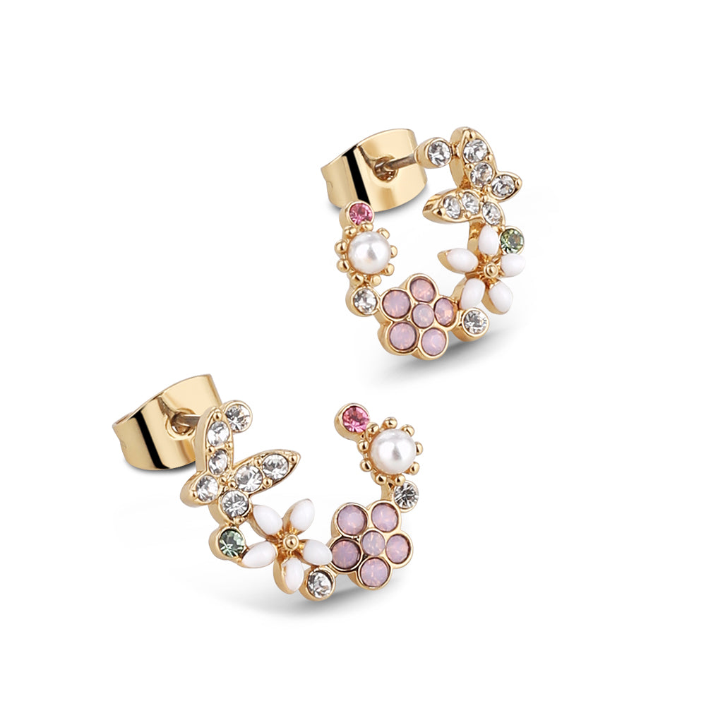 Newbridge Silverware Earrings - Gold Plated Pink & Green Floral Butterfly