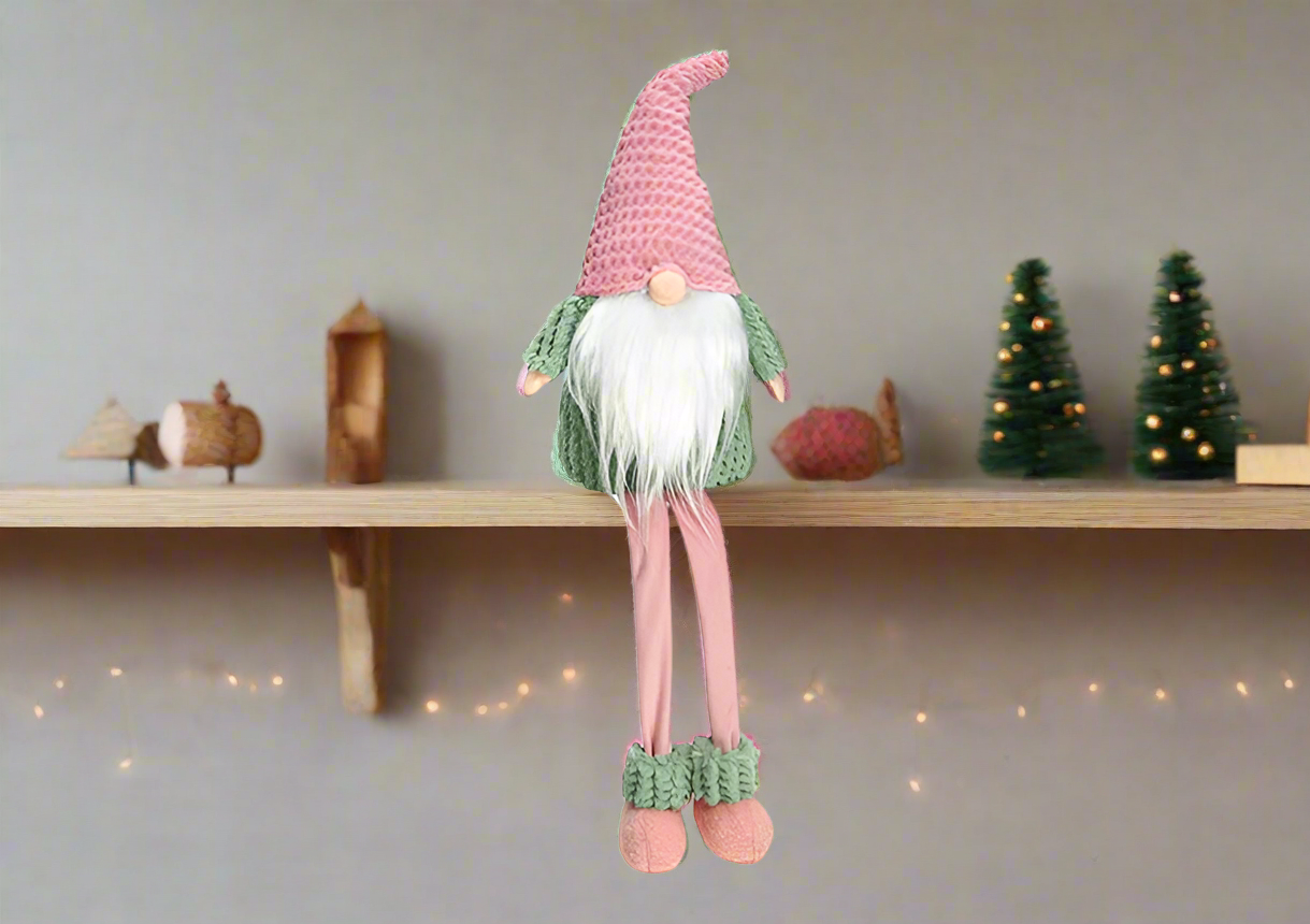 Christmas Shelf Sitter -  Gnome with Green Jumper & Pink Woolen Hat