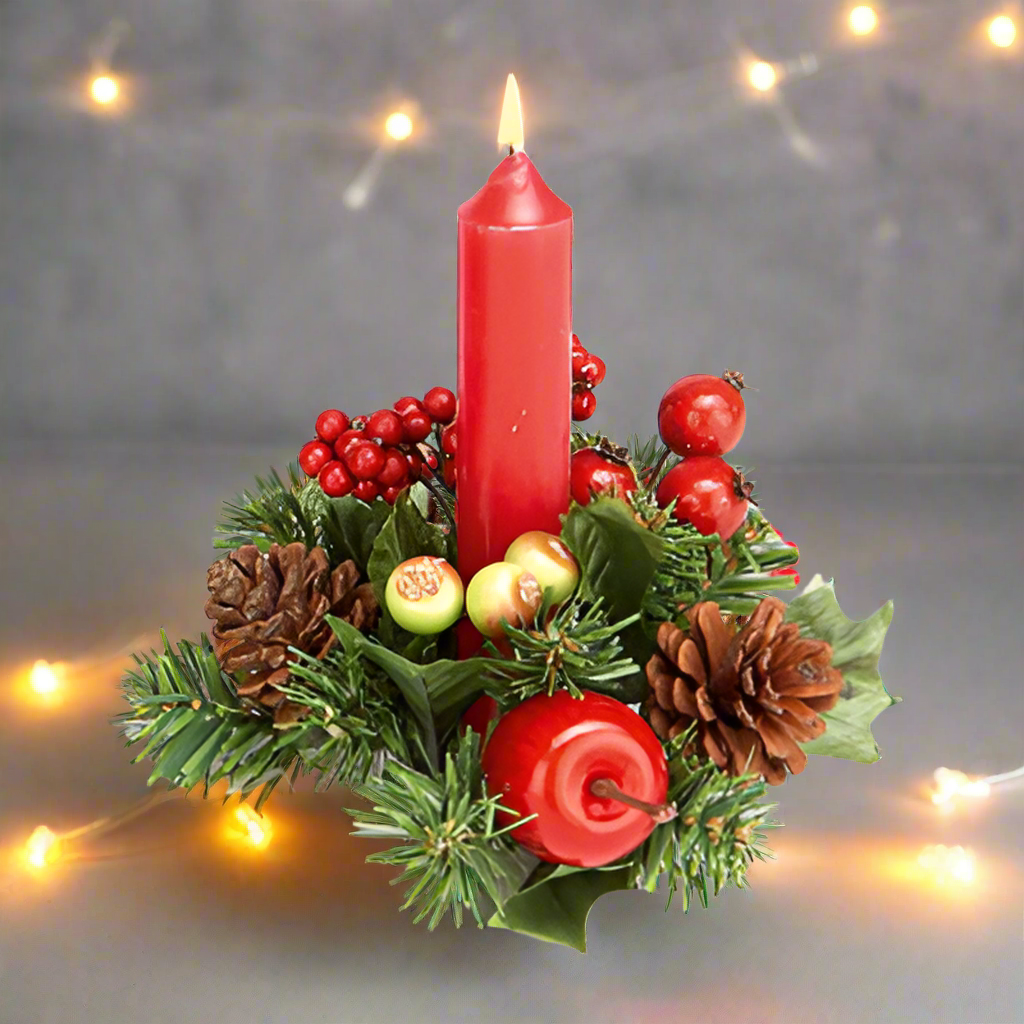 Christmas Candle Holder Ring - Red Apples, Cones & Berries