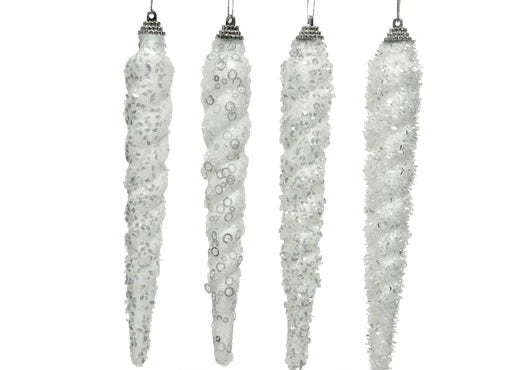 Winter White Glitter Icicle Foam Decoration Pack of 8