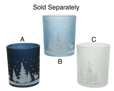 Christmas Glass Tealight Holder - Glitter Scenery Navy/ice Blue/White