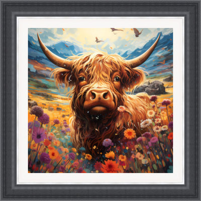 Highland Cow in Colourful Meadow  - Art On Glass- **CLICK & COLLECT ONLY**