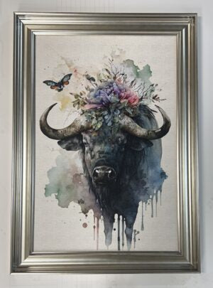 Framed Gel Print Picture - Watercolour Floral Rhino/Buffalo **CLICK & COLLECT ONLY**
