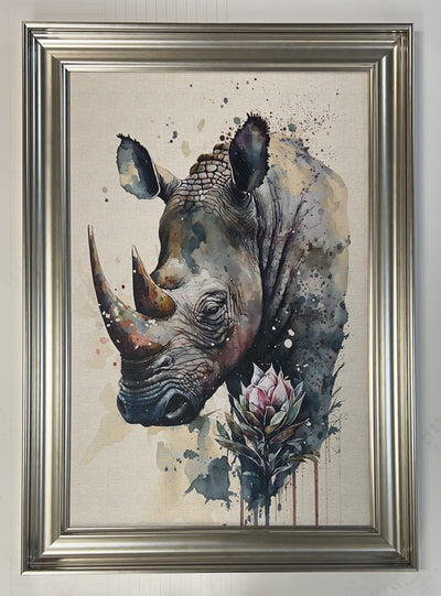 Framed Gel Print Picture - Watercolour Floral Rhino/Buffalo **CLICK & COLLECT ONLY**