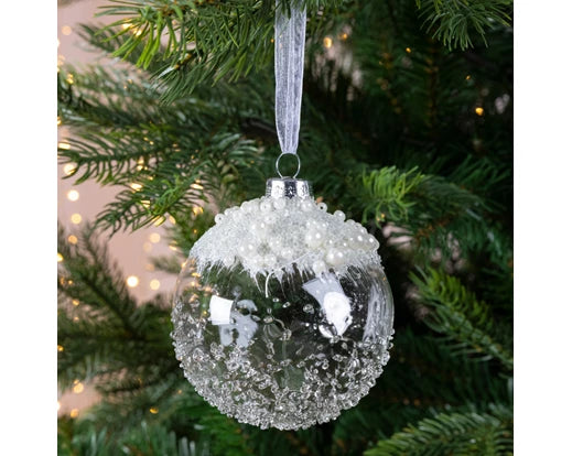 Christmas Tree Decoration – Clear Glass Bauble with Icy Pearls **CLICK & COLLECT ONLY**