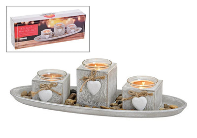 Whitewash Candleholder with Heart on Tray