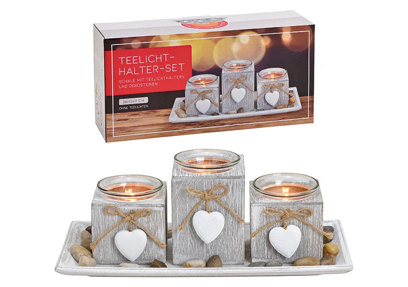 Wood Tealight Holder with Hearts