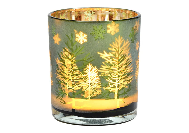 Green Glass Tealight Holder -Winter Forest Snowflake Design - Medium
