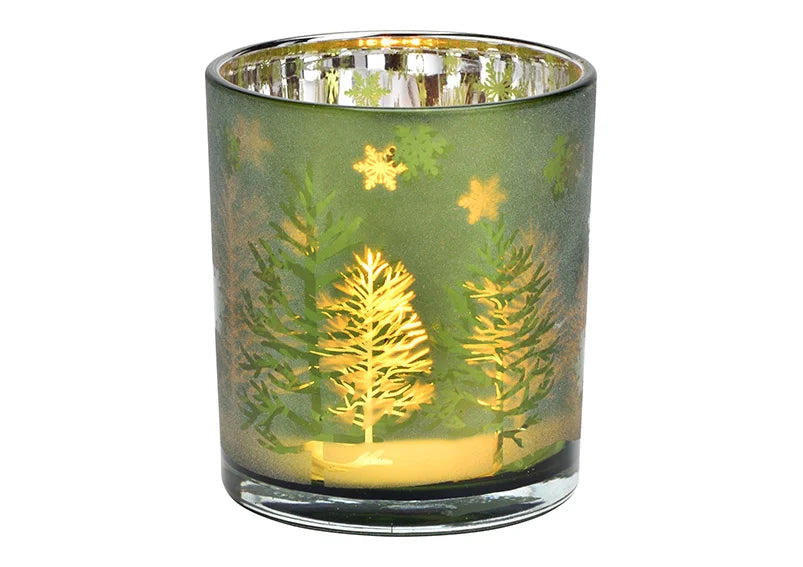 Green Glass Tealight Holder -Winter Forest Snowflake Design - Small