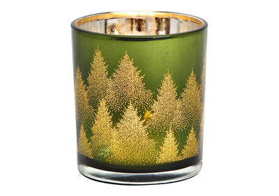 Green Glass Tealight Holder -Winter Forest Design - Small