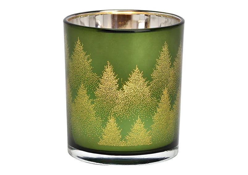 Green Glass Tealight Holder -Winter Forest Design - Small