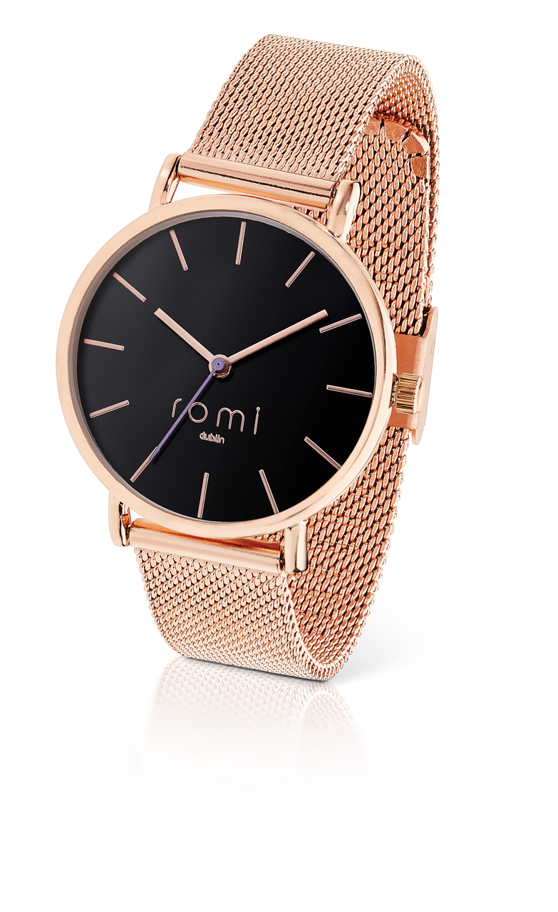 Romi Watch - Rose Gold Mesh Strap with Black Face