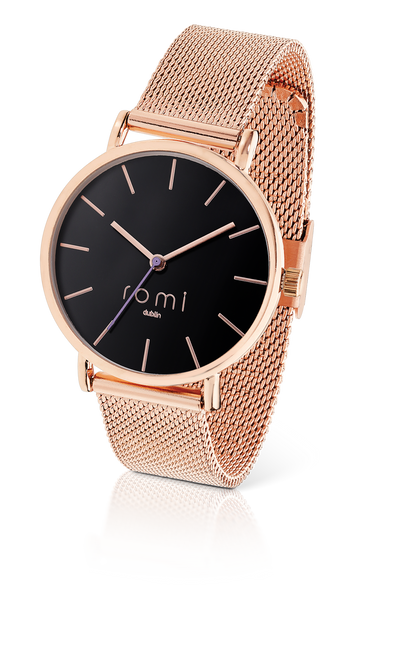 Romi Watch - Rose Gold Mesh Strap with Black Face