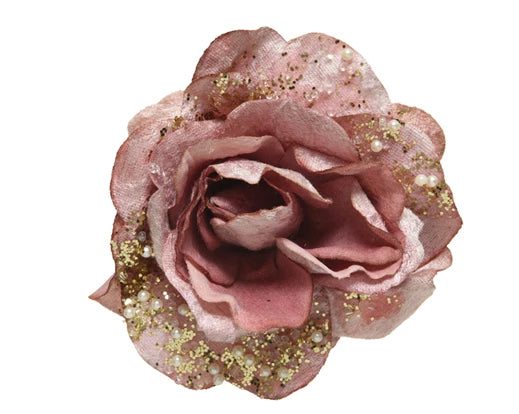 Pink Rose on clip with Pearls & Glitter