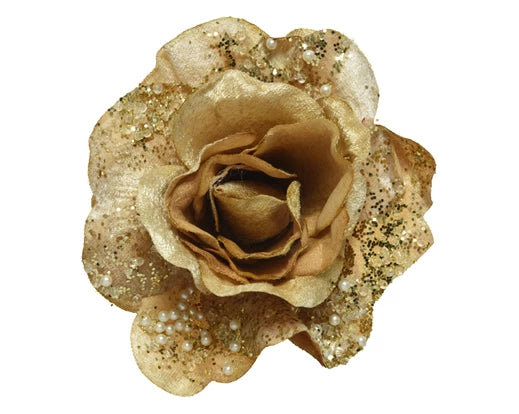 Gold Rose on clip with Pearls & Glitter