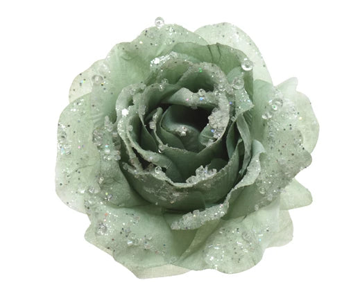 Sage Green Rose on clip with Pearls & Glitter
