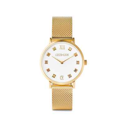 Coeur De Lion Round Brilliant White Milanese Stainless Steel Gold Watch