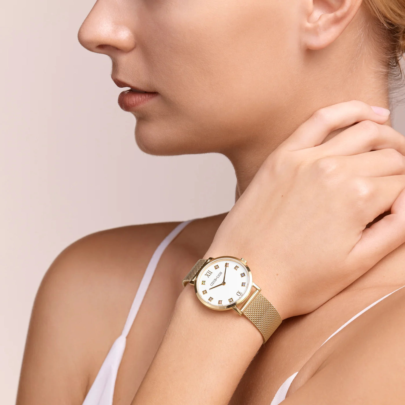 Coeur De Lion Round Brilliant White Milanese Stainless Steel Gold Watch