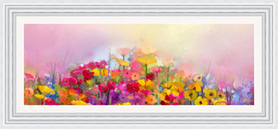 Colourful Field of Flowers with Pink Sky Framed Picture - Art on Glass - **CLICK & COLLECT ONLY**