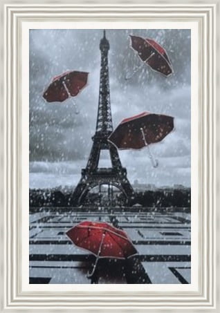 Eiffel Tower - 4 Red Umbrellas Framed Picture- Art on Glass -**CLICK & COLLECT ONLY**