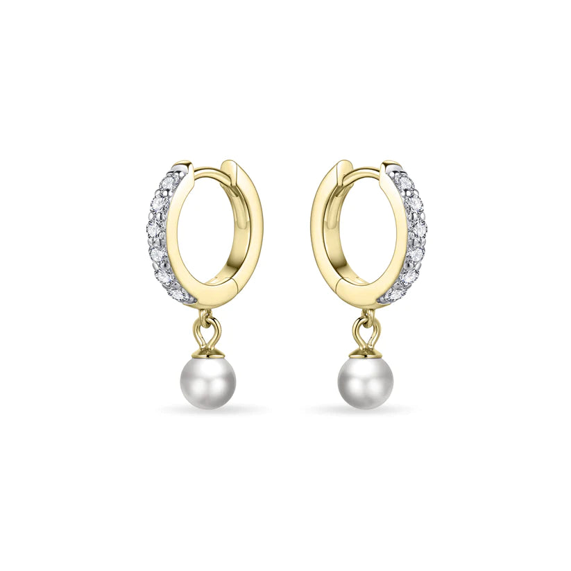 Gisser Sterling Silver Earrings - Pave Hoops with Dangling Pearl