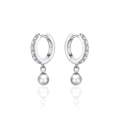 Gisser Sterling Silver Earrings - Pave Hoops with Dangling Pearl