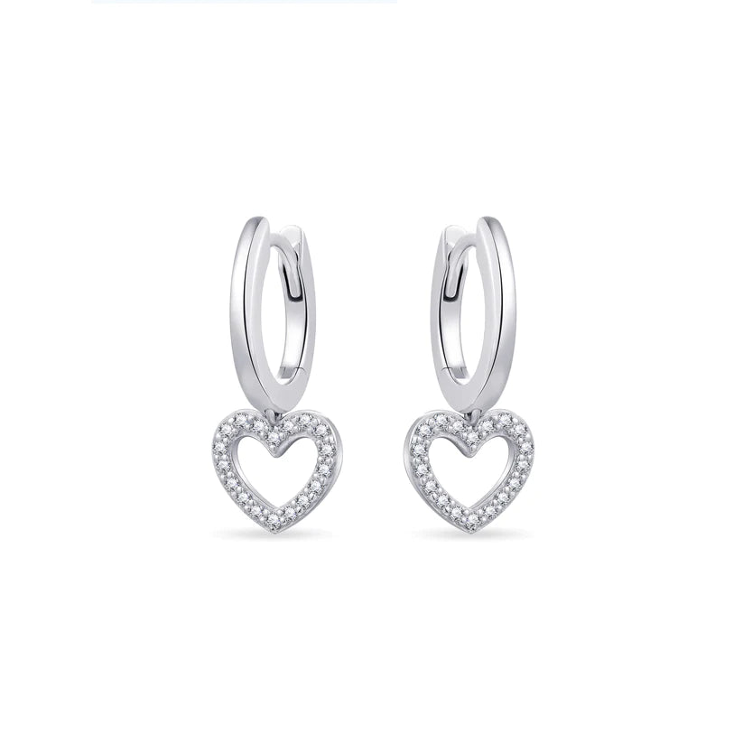 Gisser Sterling Silver Earrings - Dangling Heart Hoops with Zirconia Stones