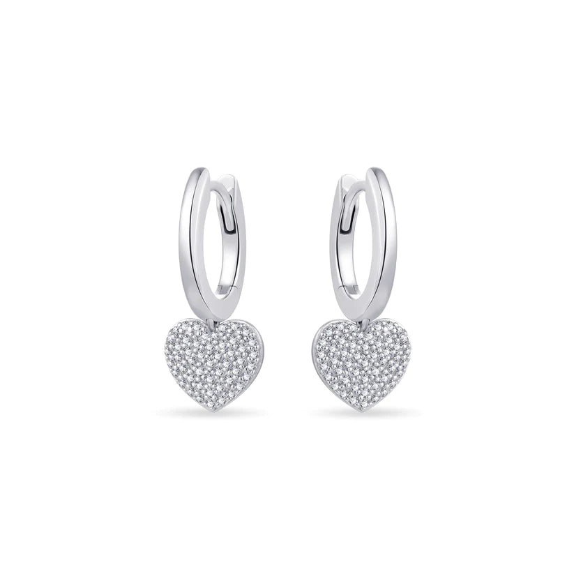 Gisser Sterling Silver Earrings - Dangling Pave Heart Hoops