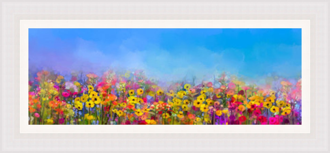 Colourful Field of Flowers with Blue Sky Framed Picture - Art on Glass - **CLICK & COLLECT ONLY**
