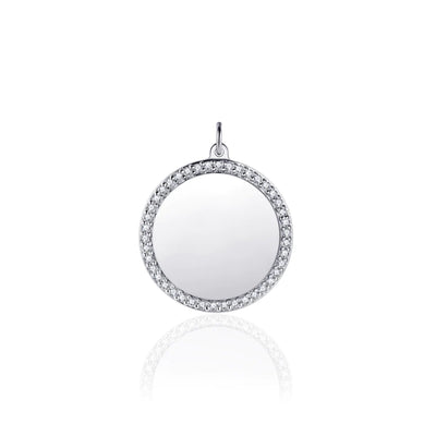 Gisser Sterling Silver Pendant -17mm Round Engravable Charm with Zirconia Stones