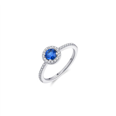 Gisser Sterling Silver Ring - Blue Brilliant Cut Centre Stone Surrounded with Pave Band