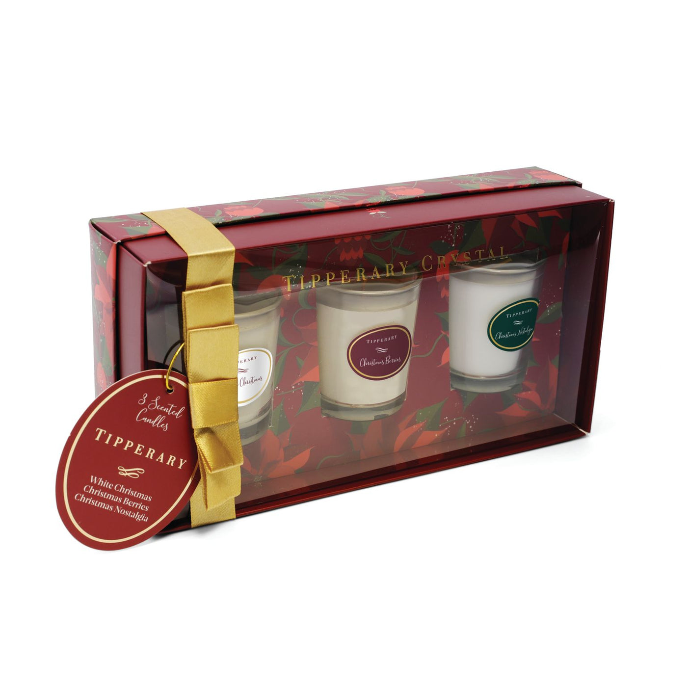 Tipperary Crystal Poinsettia Set of 3 Mini Candle Gift Box - White Christmas, Christmas Berries & Christmas Nostalgia