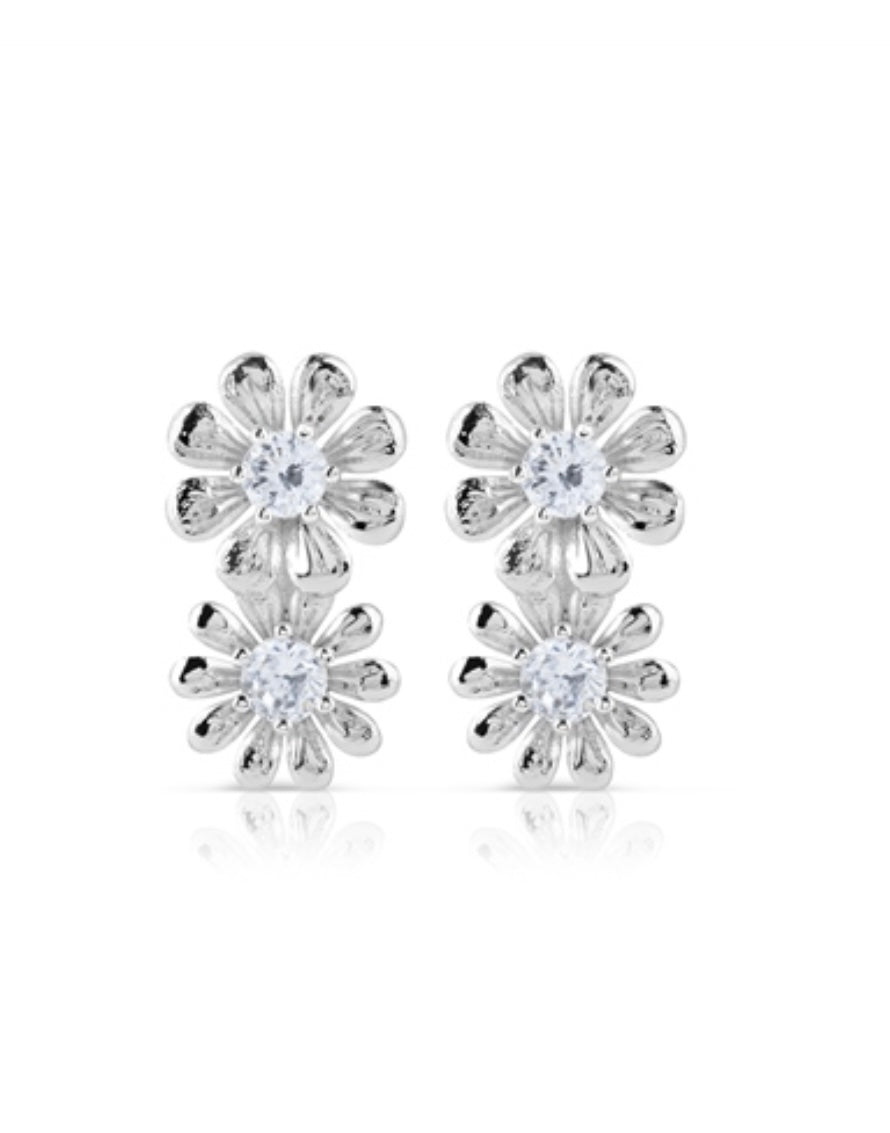 Newbridge Silverware Earrings - Double Floral with Clear Stones