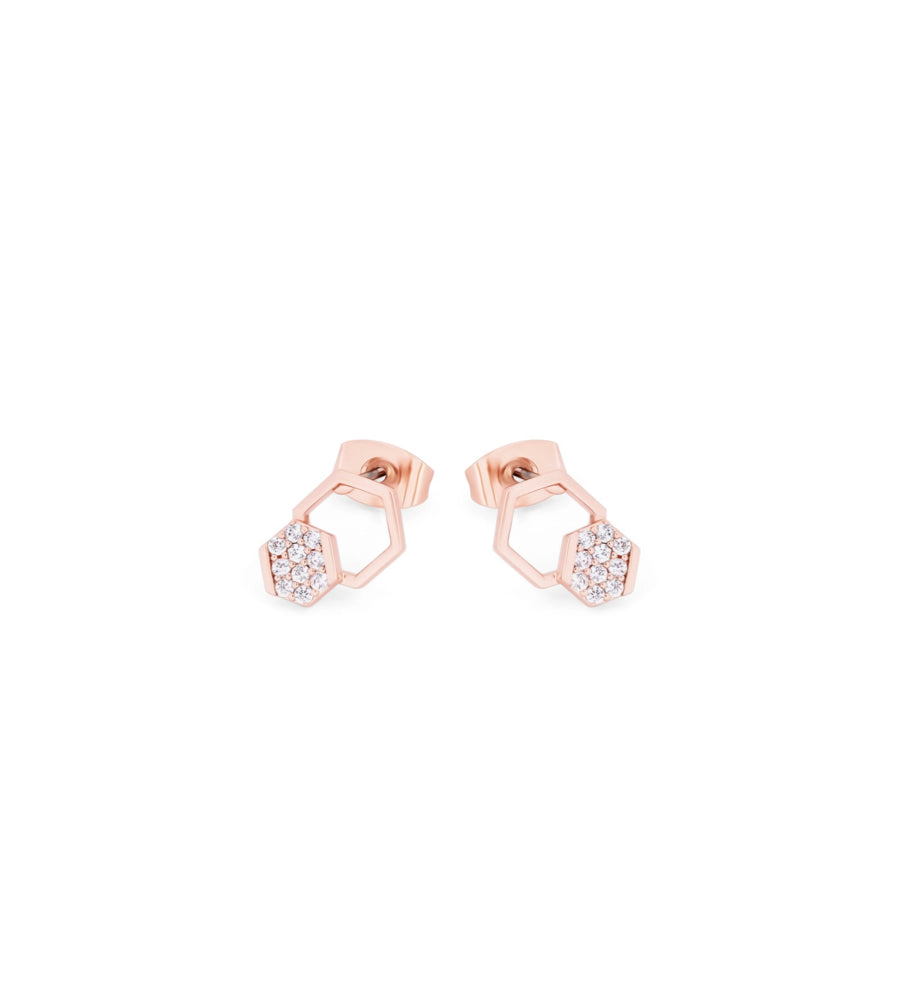 Tipperary Crystal Earrings - Bees Hexagon Pave Stud - Rose Gold Plated