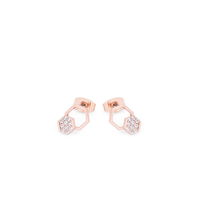Tipperary Crystal Earrings - Bees Hexagon Pave Stud - Rose Gold Plated