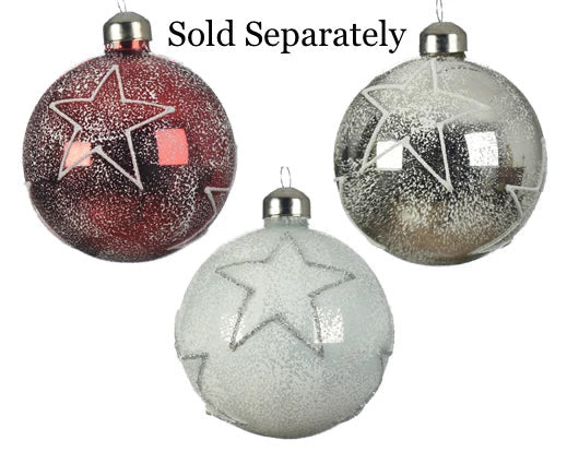 Glass Bauble with Glitter Star & Snow Finish- 3col ass