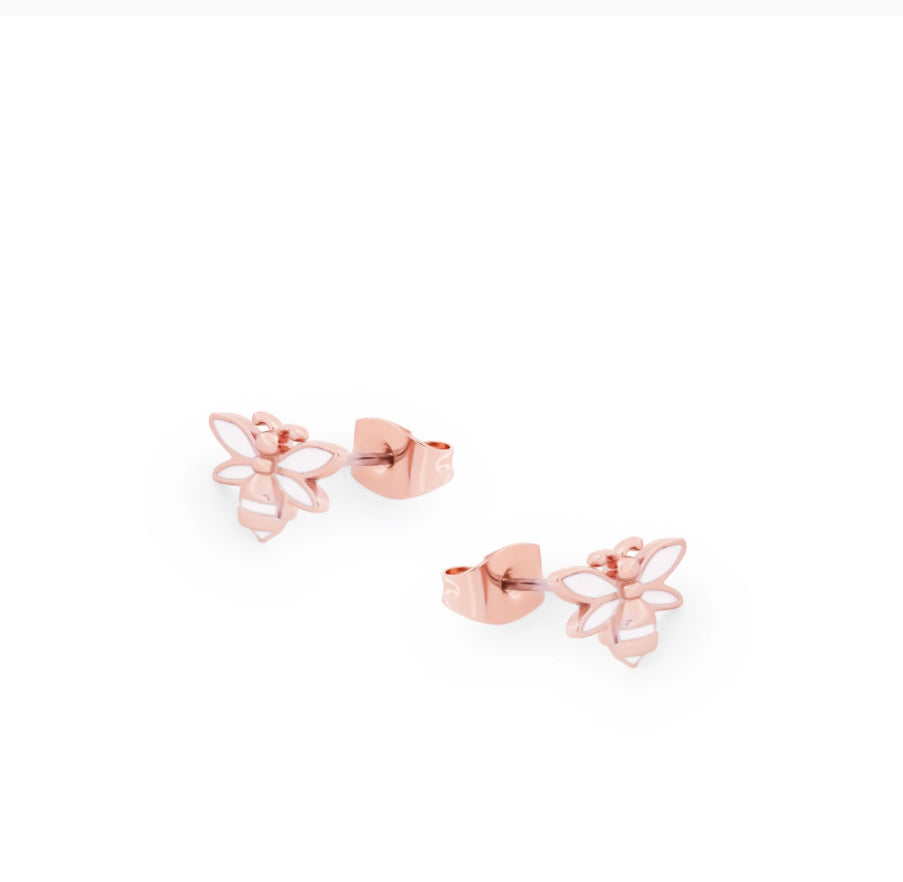 Tipperary Crystal Earrings - Bees White Enamel Stud - Rose Gold Plated